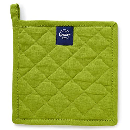 Encasa XO Pot Holders, Quilted Kitchen Hot Pads 8"x8" Lime Green | 100% Heavyweight Cotton | Quilted Insulation | Multipurpose Trivets & Hot Pads | Hanging Loop | Set of 2 - color: Lime Green