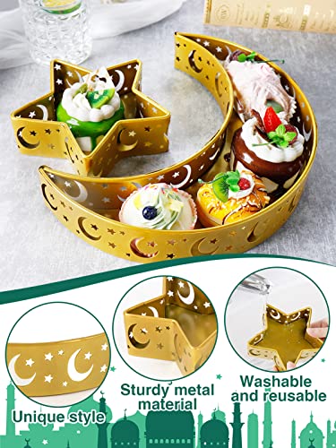 2PCS Ramadan Serving Trays Decorations for Home - Moon Star Shaped Eid Mubarak Table Decor Gifts, Islam Muslim Al-Fitr Iftar Party Crescent Iron Platters Dishes(Moon/Star Pattern) - style: Moon Star