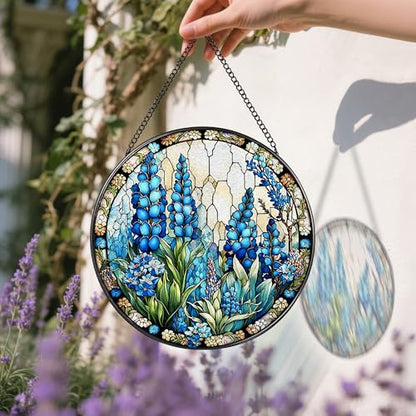 Stained Glass Window Hanging, Stained Glass Suncatcher, 8" Field of Texas Bluebonnets Sun Catchers Indoor Window Ornaments – Christmas Mother's Day Birthday Gifts for Women, Friends, Mom, Grandma - color: Bluebonnet