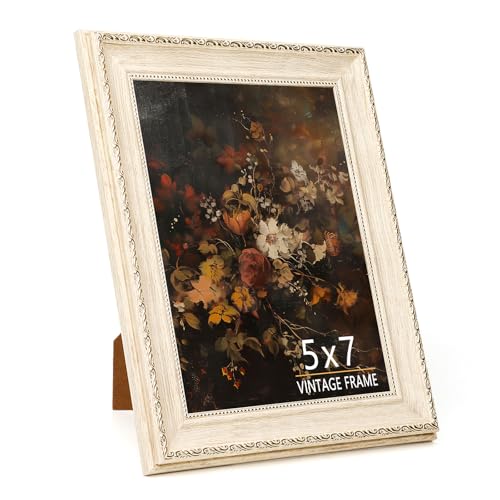 5x7 Vintage Picture Frame, Cream Ivory PS Frame with Gold Floral Beaded Details & Wood Grain Texture, Elegant Farmhouse Photo Frame with HD Acrylic Glass for Tabletop or Wall Display, 1 Pack - color: Cream Ivory, size: 5x7 - 1 Pack