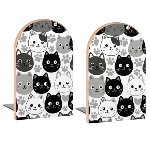 Gray White Black Cats Book Ends Decorative Wood Bookends for Shelves Kids Room Desk Home Office Book Stoppers for Magazines,Books, DVDs, 1 Pair/2 Pieces(5x3.1 in) - color: Gray White Black Cats