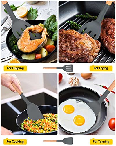 Pack of 2 Silicone Cooking Spatula, Heat Resistant Solid Turner, Non Stick Slotted Spatulas with Wooden Short Handle,Ideal Wood Kitchen Utensils Set for Frying, Baking, Flipping, Turning - color: Dark Gray