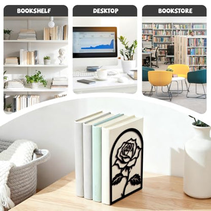 5.3"x4.3"x7.9" Metal Bookends, Heavy Duty Book Ends for Shelves | Rose Flower Theme Cast Iron Book Supports, 1 Pair Decor Stoppers for Desk, Library, Office & Home Shelves - style: Rose Flower