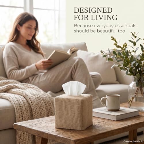 Stylish Tissue Box Cover - Burlap Soft Fabric Slip-On Covers Tissue Box | Decorative Square Cube Cover for Your Bathroom and Home