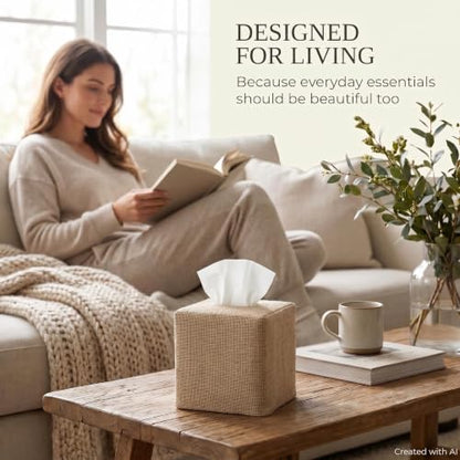 Stylish Tissue Box Cover - Burlap Soft Fabric Slip-On Covers Tissue Box | Decorative Square Cube Cover for Your Bathroom and Home