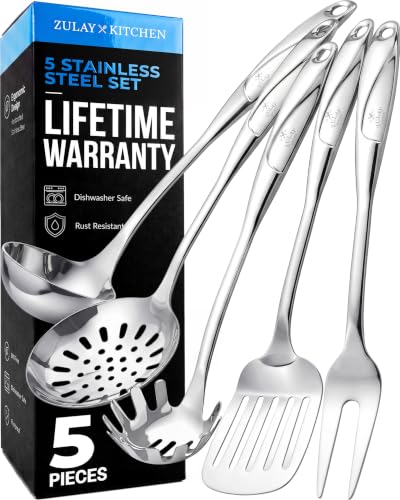 Zulay Kitchen Stainless Steel Cooking Utensil - Stainless Steel Kitchen Utensil - Durable Kitchen Gadgets - Metal Kitchen Accessories - Easy to Clean Kitchen Tools - 5 Piece Set - size: 5 Piece Set