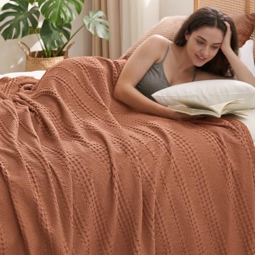 PHF Cooling Waffle Blanket Twin Size for College Dorm, Lightweight 60% Rayon from Bamboo & 40% Cotton Breathable Blanket for Hot Sleepers & Summer, Soft Luxury for Bed Couch Sofa, 66"x90", Terracotta - color: Terracotta, size: Twin(66 " X 90")