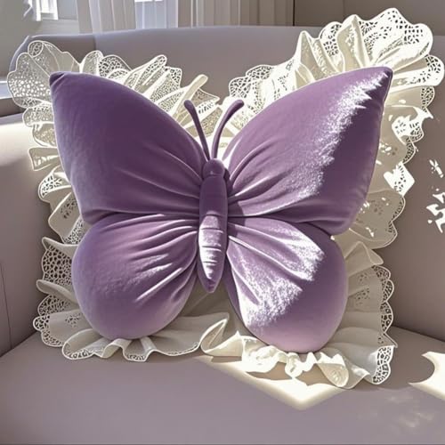 Butterfly Throw Pillow,21.6 inch Velvet Butterfly Decorative Pillow | Lace Trim,Animal Pillow for Couch Living Room Bed,Home Garden Decor - color: Purple