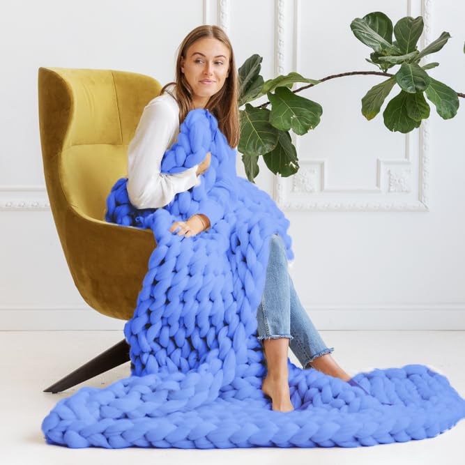 Chunky Knit Blanket (50X60 Inches) Warm Soft Cozy for Lounge Sofa & Bedroom Handmade Knitted Yarn Throw Blanket (Blue, 1) - color: Blue