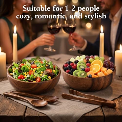 Acacia Wooden Salad Bowl Set 4Pcs,Wood Bowls Decorative With Wooden Spoons For Cooking,Forks, And Tongs.Acacia Wood Salad Bowl, Single-serve bowl,Couple Bowls For Housewarming Gift,Wedding
