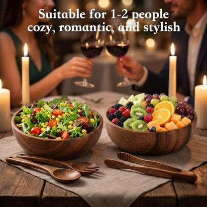 Acacia Wooden Salad Bowl Set 4Pcs,Wood Bowls Decorative With Wooden Spoons For Cooking,Forks, And Tongs.Acacia Wood Salad Bowl, Single-serve bowl,Couple Bowls For Housewarming Gift,Wedding