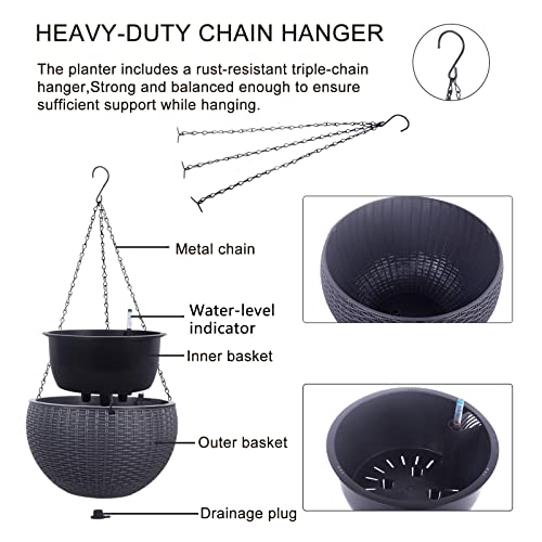 Vencer 11 Inch Round Resin Rattan Hanging Planters,Grey,VF-A15-G | Self Watering,Drain Hole,Metal Chain,Water Indicator,Indoor Outdoor - color: Gray