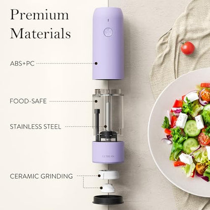 Ultrean Pepper Grinder, Rechargeable Salt and Pepper Grinder with 6 Adjustable Coarseness, LED Light, Automatic Salt and Pepper Shakers, Kitchen Gadgets, Gifts for Women, Lavender Purple - color: Lavender Purple