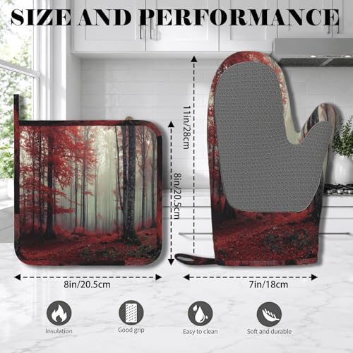 Forest Oven Mitts and Pot Holders Sets Red Trees Landscape Silicone Heat Resistant Kitchen Oven Gloves Pot Holder for Cooking Baking Grilling BBQ - color: Forest