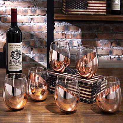 MyGift Stemless Wine Glasses Set of 6 - Copper Metallic Bottom Angled Design, Modern Barware for Red & White Wine, Dishwasher Safe Entertaining Glasses - color: Copper-6