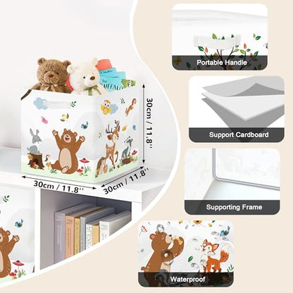 Clastyle 11.8" Animal Storage Basket Set of 3 for Kid Toy Clothes Bin | Collapsible Fabric Book Bin, Metal Frame Bottom Board, Cube Organizer, Closet Nursery Pantry Shelf Bedroom, Woodland Bear - color: Bear Giraffe