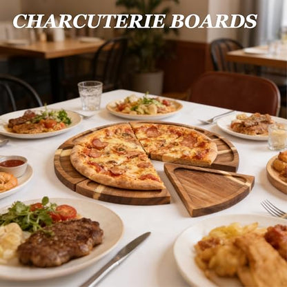 Acacia Wood Serving Tray with Handles, Round Charcuterie Boards with 6 Detachable Pizza Trays, Wooden Decorative Tray for Party, Coffee Table Tray for Home Decor, Bathroom, Kitchen Counter