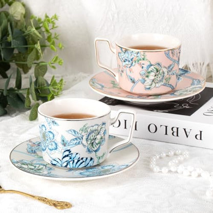 KAMMAK Tea Cups and Saucers Set of 2, Porcelain Coffee Cups, NX043 | Gold Rim, Stackable Espresso Mugs, Ceramic Demitasse for Coffee, Latte, Americano, Afternoon Tea, Elegant Gift for Women - size: 8CZNX043+44