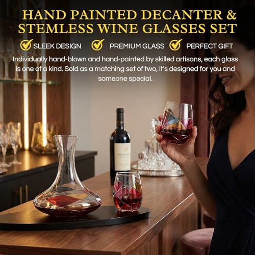 Artisanal Hand-Painted Decanter & Stemless Wine Glasses Set – Mother’s Day, Wife, Mom, or Friends – Romantic Stained Glass Windows, 2-Piece Set – Birthday or Housewarming Gift Idea - style: Decanter & Stemless Wine Glasses Set