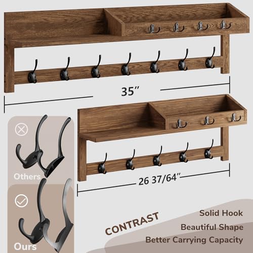 AMBIRD Coat Rack Wall Mount, 35 inch Large Wall Hooks with Shelf, Entryway Shelf with 7 Dual Coat Hooks 4 Key Hooks Mail Organizer, Wooden Coat Hanger and Key Holder Wall Mount - color: Brown, size: 35" L