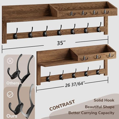 AMBIRD Coat Rack Wall Mount, 35 inch Large Wall Hooks with Shelf, Entryway Shelf with 7 Dual Coat Hooks 4 Key Hooks Mail Organizer, Wooden Coat Hanger and Key Holder Wall Mount - color: Brown, size: 35" L