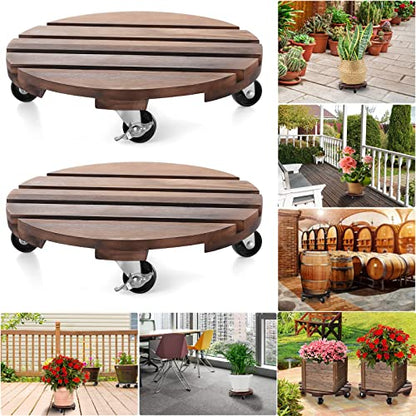 HOHY 2PCS Plant Caddy 12" Plant Stand with Wheels Wood Rolling Plant Stand | Plant Dolly Rollers with 360° Metal Lockable Casters, Heavy Duty Planter Caddies, Easy to Move, 240 Lb Capacity