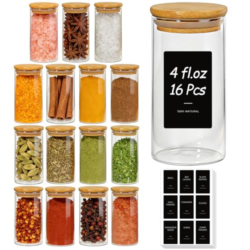 ComSaf Glass Spice Jars 4oz 16 Pack, Small Seasoning Containers with labels | Round Spice Jars with 54 Labels, Kitchen, Spice Rack Organization, Loose Tea, Herbs, Powders, Salt,Chili, Dry Goods, BPA Free