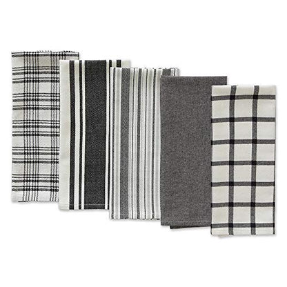 DII Assorted Woven, Kitchen Dishtowel Set, 18x28, Black, 5 Piece - color: Black