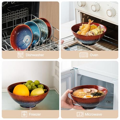 8 Inch Ceramic Ramen Bowl Set of 2, 40oz Japanese Bowls with Spoons & Chopsticks,Durable,Microwave & Dishwasher Safe,Perfect for Ramen,Pho,Salad,Soup,Noodles，Mixing bowls (Aurora Galaxy) - color: Aurora Galaxy