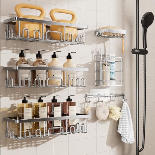 Veken Shower Caddy 6-Pack, Advanced Rustproof Design, No Drilling Adhesive Shelves, Rack with Soap Holder, Large Capacity Bathroom Organizers and Storage, Wall-Mounted Kitchen & Home Decor, Silver - color: Silver