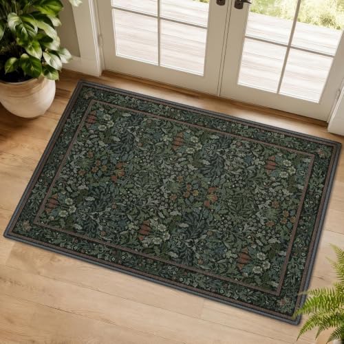 GENIMO 2x4 Washable Kitchen Rug, Non Slip Entryway Mat, Dark Green | Vintage Boho Floral Low Pile Thin Carpet for Front Door, Kitchen, Bathroom, Laundry - color: Dark Green, size: 2' x 4' (Rectangular)