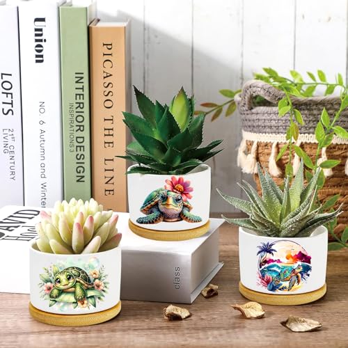 3Pcs Turtle Succulent Pots with Drainage and Bamboo Tray,Ceramic Pot 3 Inch | Small Planters for Plants,Cactus,Decoration for Office Home,Windowsill,Turtle Gifts for Women Mom (No Plants Included) - style: Turtle