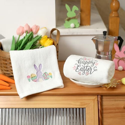 Easter Hand Towels 100% Cotton Embroidered Happy Easter Bunny Decorative Bathroom Kitchen Dish Towels Set Gift Set of 2 14x29 inch - color: Est.gnome
