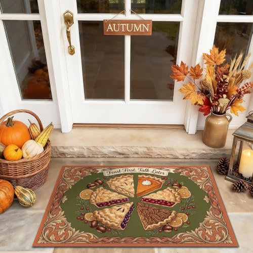 Pies Welcome Door Mat, Seasonal Rustic Leaves Fruits Autumn Green Washable Low Profile Decorative Doormat for Home Indoor Outdoor Entryway Porch Decor 29x17 Inch