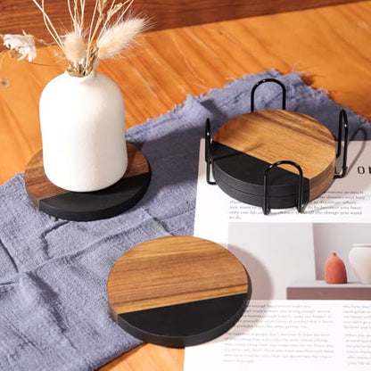 WLWNWFT Black Marble Acacia Wood Drinks Coasters Set of 4 with Holder, Modern Rustic Wooden Coasters for Drinks Coffee Table Dining Table Desk Christmas Housewarming Home Office