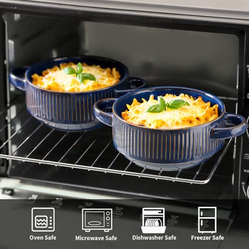 Soup Bowls with Handles, 23 oz French Onion Soup Crocks, Stackable Soup Bowl Oven Safe for Chili, Beef Stew, Embossment Ceramic Bowl Set - 5.4 Inch, Set of 4,Blue - color: Blue