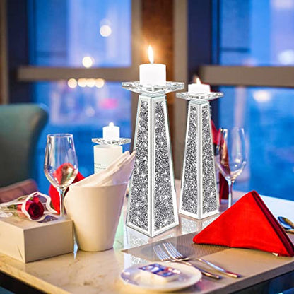 Wocred 2 Piece Candlestick Holders for Holding Pillar Candles, Crystal Crushed Diamond Candle Holders Set Decor for Dinning Room, Silver Glass Votive Candle Holders for Table Centerpiece(12”) - size: 12 Inch Diamond Silver