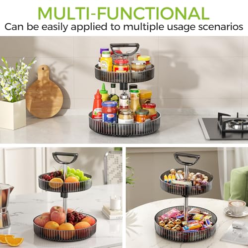 YCIA&DONE Premium 2-Tier Adjustable Lazy Susan Turntable Organizer 12 Inch Rotating Spice Rack for Cabinet, Kitchen Pantry Condiment Organizer with Deep Baskets and Handle, Gray - color: Gray