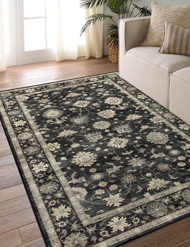 LUXRUG Washable Area Rug 4x6 - Charcoal Black Beige Floral Living Room Rug | Soft Boho Bedroom Rug Ultra-Thin Traditional Vintage Farmhouse Dining Room Rugs for Under Table Indoor Carpet for Living Room - color: Charcoal Black, size: 4' x 6' (Rectangular)