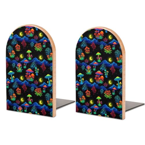2 Pcs Wood Book Ends for Shelves Heavy Duty Bookends Holds with Metal Base | Mushroom Moon Starry Sky Night Floral, Decorative Book Organizer, Home Office Library Accessories - color: Style(630)