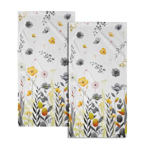 Imiss Grey Yellow Poppy Floral Hand Towel 14.4 x 28.3 Inch Watercolor Botanical Leaf Fingertip Towel Bath Washcloth for Bathroom Kitchen Home Spa，Set of 2 - color: Grey Yellow Floral