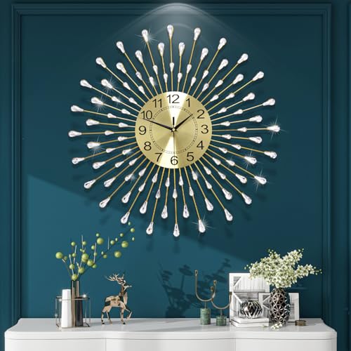 FLEBLE Wall Clocks for Living Room Decor Large Wall Clock Battery Operated | 24inch Analog Silent Non-Ticking Clock for Kitchen Home Office Bedroom Bathrooms Classroom Crystal Round Gold Wall Decoration - color: Gold24