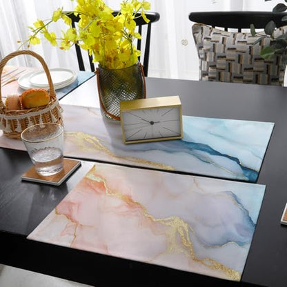 Table Runner and Placemats Set of 6 Marble Texture Decorative Dining Table Runner with Matching Placemats Gold Abstract Art Table Decor for Kitchen Dining Room and Everyday Use 13x90in - size: 13"x90"+6pcs