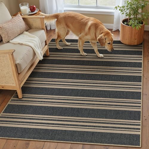 Outdoor Rug 3x5 Washable Striped Jute Look Non Slip Carpet | Black and Tan Stripe Farmhouse Design, Indoor Outdoor Rug for Entryway Kitchen Bathroom Bedroom, Non Shedding, Neutral Decor - color: Black/Striped, size: 3' x 5' (Rectangular)