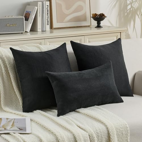 FUTEI Pack of 2 Chenille Throw Pillow Covers 16x16 Inch, Black | Elegant Herringbone Textured Design,Side Hidden Zipper,Machine Washable,Pill-Resistant,Colorfast,Insert Not Included. - color: Black, size: 16" x 16" (Pack of 2)