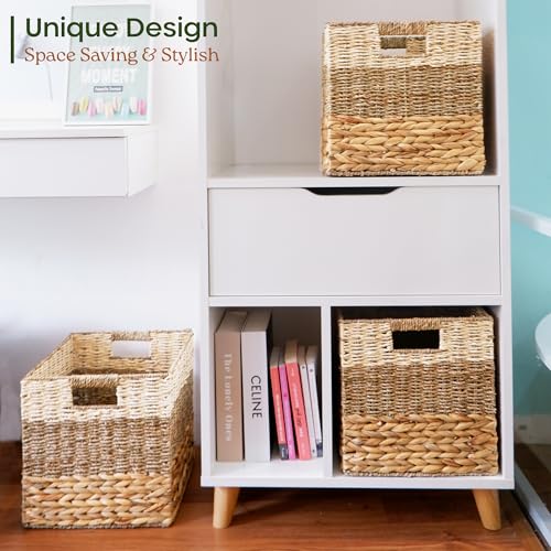 12x12 Baskets for Cube Storage, Wicker Cube Storage Bins Set 4 | 12x12x12 Storage Bins, Foldable Square Baskets For Cube Shelves, Kallax Woven Bins, Versatile Storage, Natural Water Hyacinth - size: 11.8 x 11.8 in