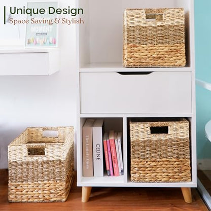 12x12 Baskets for Cube Storage, Wicker Cube Storage Bins Set 4 | 12x12x12 Storage Bins, Foldable Square Baskets For Cube Shelves, Kallax Woven Bins, Versatile Storage, Natural Water Hyacinth - size: 11.8 x 11.8 in