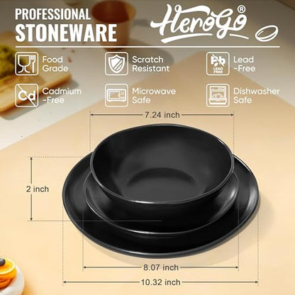 Herogo 12Pcs Plates and Bowls Set for 4, Irregular Handmade Stoneware Dinnerware, Crack and Scratch Resistant, Microwave & Dishwasher Safe, Reactive Glaze, Artistic Rustic Tableware, Matte Black - color: Matte Black, size: 4 Set (12pcs)