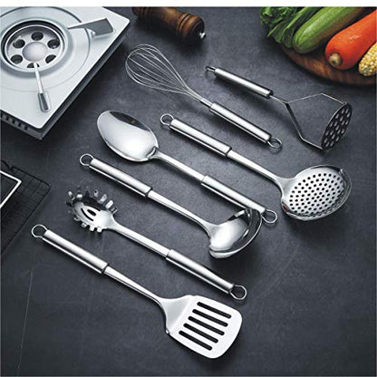 Berglander Cooking Utensil Set 8 Piece, Stainless Steel Kitchen Tool Set with Stand,Cooking Utensils, Slotted Tuner, Ladle, Skimmer, Serving Spoon, Pasta Server,Potato Maseher, Egg Whisk. （8 Pieces） - color: A. 8 Pieces