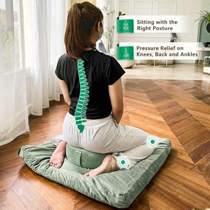 Hihealer Meditation Cushion, Traditional Tibetan Meditation Pillow Velvet Cover - Large Floor Cushion Seating for Adults - Yoga Buckwheat Bolster for Women、Moms - color: Serenity Green(set)